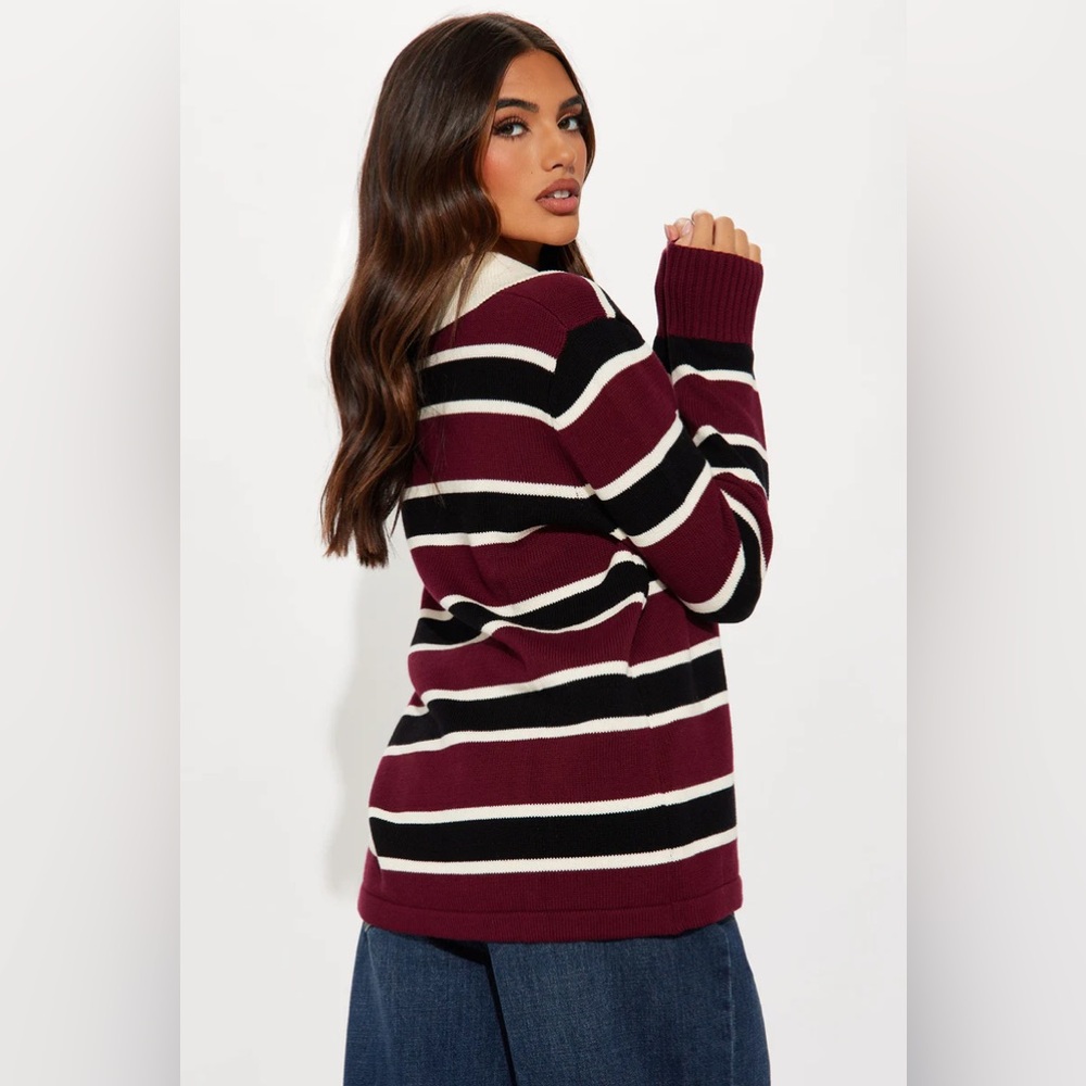 Fashion Nova Wine Red Black White Playin' Cool Striped Polo Sweater Button Down